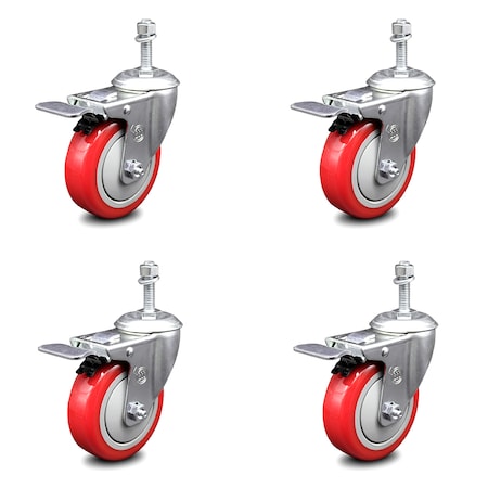 4 Inch Red Polyurethane Swivel 10mm Stem Caster Set With Total Lock Brake